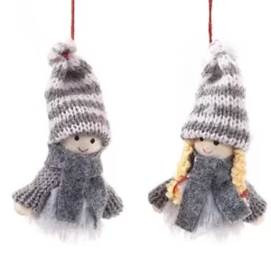 Duo de Adornos Navideños de Gnomos Tejidos Gris con Blanco